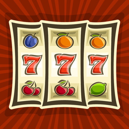 Vector poster for Slot Machine theme: gambling logo for online casino on background of rays of light, gamble game icon with classic bonus win 777, on reel of slot machine classic fruit lucky symbols.のイラスト素材