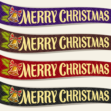 Vector Ribbons for Christmas holiday: 4 colorful xmas ribbons with handwritten font for quote greeting text merry christmas, curved template banners with pine branch & golden christmas bell with bow.のイラスト素材