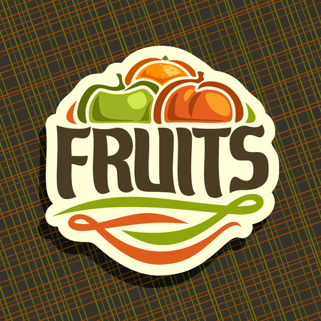 Vector logo for set fresh Fruits: juicy orange, green apple, sweet peach, decorative fruit mix label, sign with original typography font for text fruits on brown geometric background for grocery shop.のイラスト素材