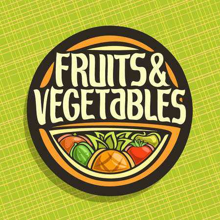 Vector icon for fruits and vegetables, round label for organic healthy vegan food, circle badge for price tag of fruit store, label with original script for fruitsのイラスト素材