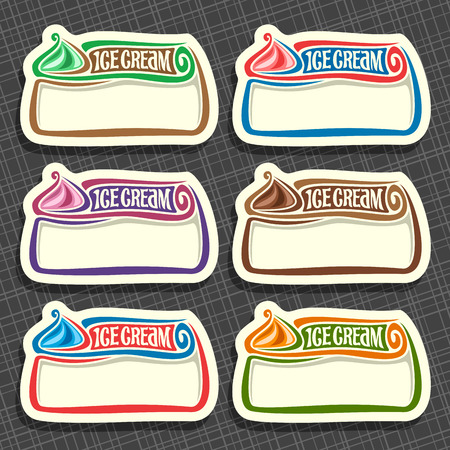 Vector set of Ice Cream Labels: 6 price tags with copy space for ice cream sale info, colorful vintage signs with lettering title - ice cream with white blank background, icons for cold italian gelatoのイラスト素材