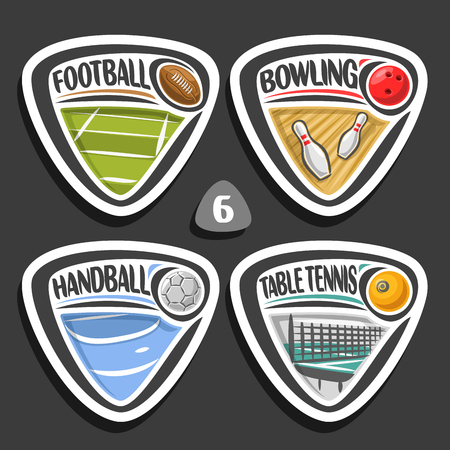 Vector set of sport logos, 4 triangle simple badges with balls, sports signs of minimal design with the equipment for sporting club or school, original type for titleのイラスト素材