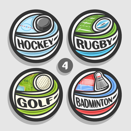 Vector set of sport logos, 4 round simple badges with flying ball on curved trajectory, circle sports signs of minimal design with games, original type for words of different kind of sport.のイラスト素材