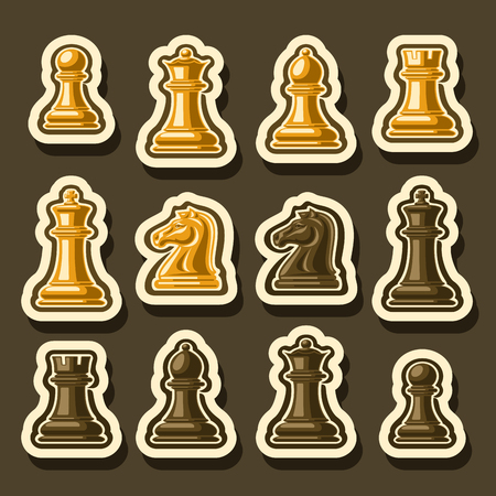 Vector set of Chess Pieces, collection of yellow and brown isolated wooden chess figures, classic king & queen, outline bishop and knight, glossy rook & pawn cutout pieces of different colors.のイラスト素材