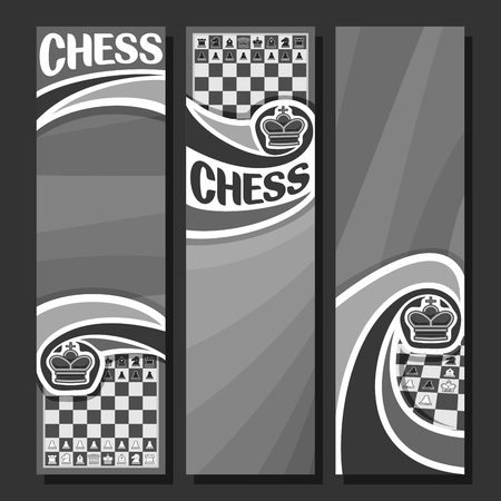 Vector set of vertical monochrome banners for chess game, in layout black and white curved backdrop for title text on chess theme, original handwritten word - chess, king on gray chessboard backgroundのイラスト素材