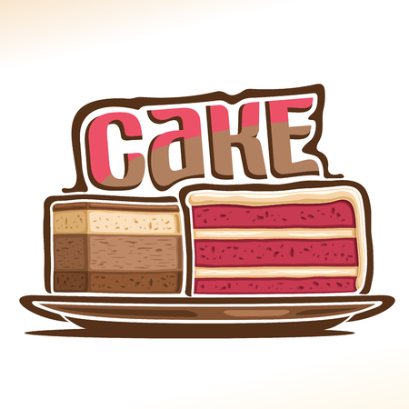 Vector for Cake, poster with two sliced pieces of birthday cakes on plate and original font for word cake, illustration of confectionery for patisserie menu, baked goods with fruits and chocolateのイラスト素材