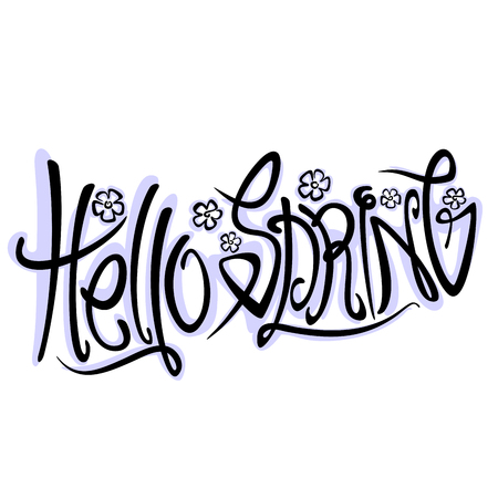 A Vector poster for Spring season, original handwritten font for black text with shadow hello spring, creative hand lettering typography for spring holidays, sketch for springtime with flowers on white.のイラスト素材
