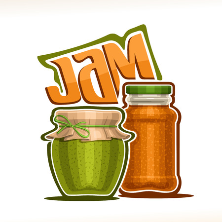 Vector illustration of fruit Jam, poster with rustic pot of kiwi jelly with paper cover and rope tied in bow, tall jar of homemade orange marmalade, original typeface for word jam on white background.のイラスト素材