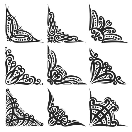 Vector set of decorative black Corners on white for creating frames, ornate decoration with flourishes, 9 vintage corners with curls and dots for borders, ornament with detail indian design elements.のイラスト素材