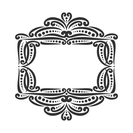 Vector decorative black frame on white, ornate decoration with flourishes for wedding invitation, vintage filigree border with curls and dots, ornament with sophisticated victorian design elements.のイラスト素材