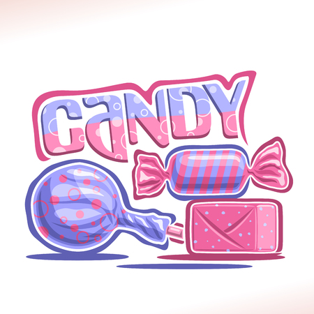 Vector poster for Candy, 3 wrapped sweets in blue and pink plastic package, original font for word candy, lollipop in striped wrap, fruit hard candy in glossy wrapping, gummy dessert of cube shape.のイラスト素材