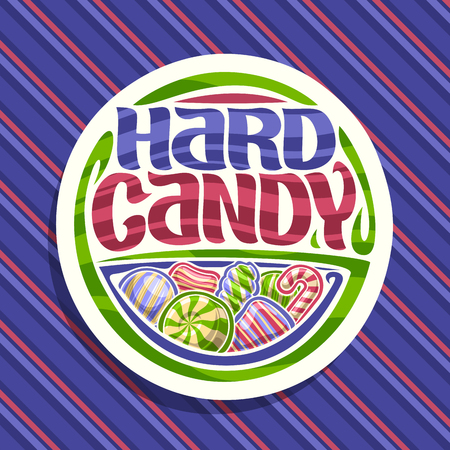 Vector icon for Hard Candy on round sign, pile of variety striped drop candies, swirl sweets and Christmas cane stick. Original brush typeface for words hard candy on blue and red stripes background.のイラスト素材