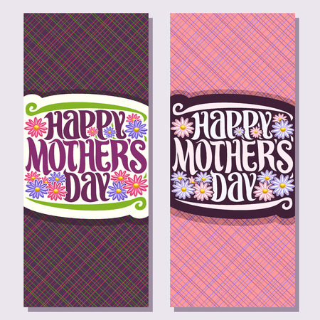 Vector vertical banners for Mothers Day, greeting cards with pink and blue gerbera flowers, original brush handwritten typeface for wishes - happy mother's day in decorative frame on purple backgroundのイラスト素材