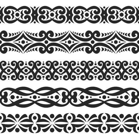 Vector set of black seamless borders, 5 decorative repeat ribbons of oriental style.のイラスト素材
