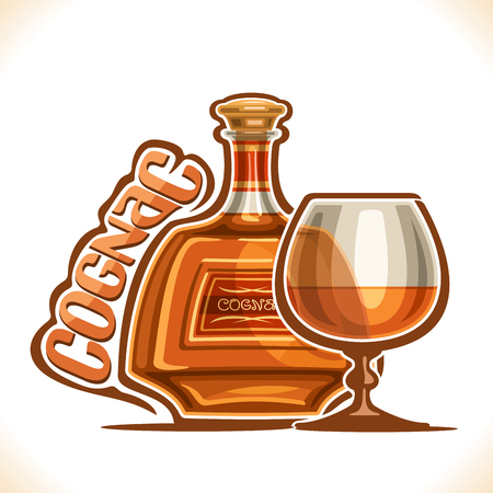 Vector illustration of alcohol drink Cognac, poster with bottle of premium french brandy and half full snifter glass, original typeface for word cognac, design contour composition for bar menu.のイラスト素材