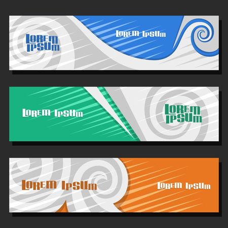 Vector set of horizontal futuristic Banners, 3 layouts for website headers with spiral abstract pattern and copy space for advertising text, design templates with waves background for presentation.のイラスト素材