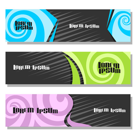Vector set of horizontal futuristic Banners, 3 layouts for website headers with spiral abstract pattern and copy space for advertising text, design templates with waves background for presentation.のイラスト素材