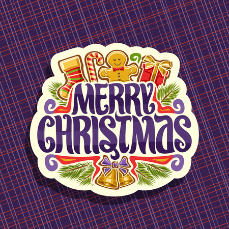 Vector logo for Merry Christmas, cut paper sign with kids sock, sweet candy cane, cute gingerbread man, gift box, original brush typeface for wish message merry christmas and golden bells with bow.のイラスト素材