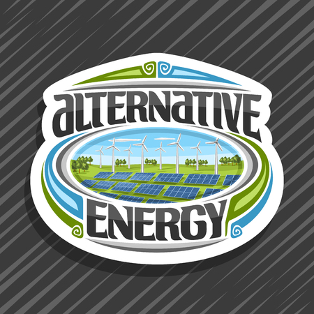Vector logo for Alternative Energy, white sticker with many solar panels and wind turbines in green summer park, original lettering for words alternative energy, illustration for clean renewable powerのイラスト素材