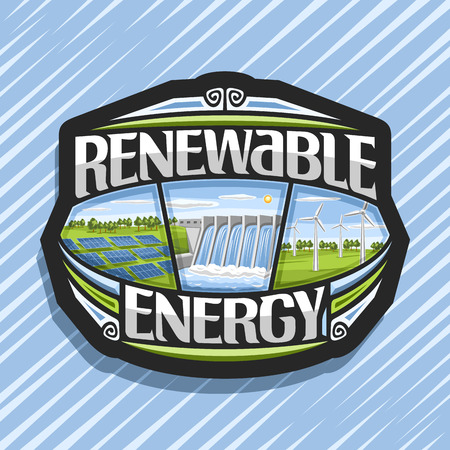 Vector logo for Renewable Energy, dark badge with array solar panels, water flowing in reservoir, windfarm with windturbines on summer field, original futuristic lettering for words renewable energy.のイラスト素材