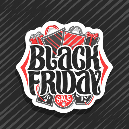 Vector for Black Friday, cut paper sign with shopping bags and gift boxes, original brush typeface for words black friday, simple minimalistic concept for season sale on grey abstract background.のイラスト素材
