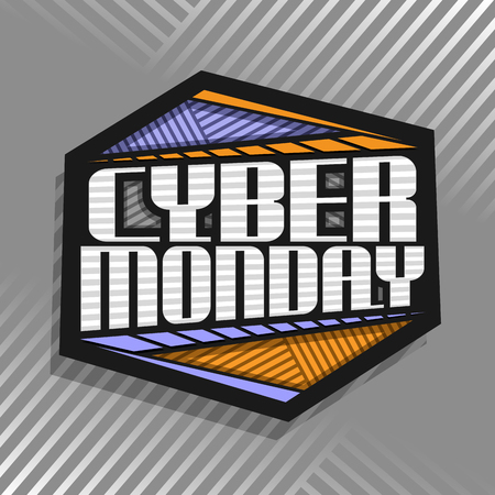 Vector for Cyber Monday, black futuristic label with original typeface for words cyber monday, hexagonal abstract concept for season sale on grey striped background, price tag for hi tech market.のイラスト素材