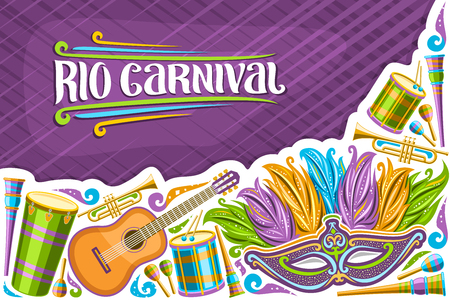 Vector greeting card for Rio Carnival with copy space, illustration of colorful venetian mask, drums with drumsticks, layout for carnaval in Rio de Janeiro, lettering for words rio carnival on purple.のイラスト素材