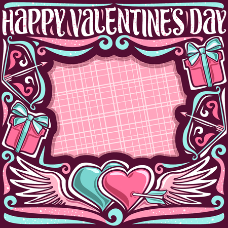 Vector greeting card for Valentine's Day with copy space, blue Cupid's bow and arrow in decorative hearts, original elegant lettering for wish words happy valentine's day on pink abstract background.のイラスト素材