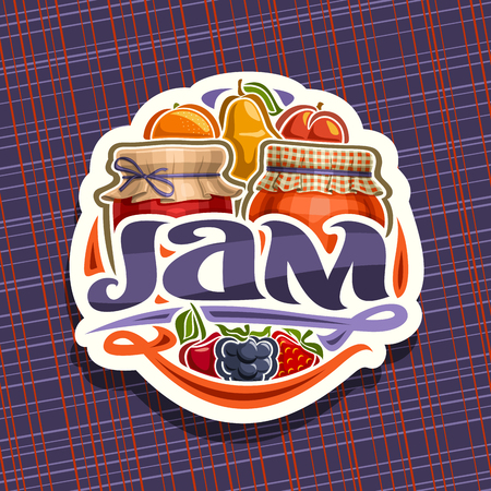 Vector logo for fruit Jam, cut paper sign with 2 home made glass jars covered checkered cloth and tied bow, fresh cartoon fruits and berries, lettering for word jam and decorative colorful flourishes.のイラスト素材