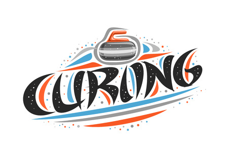 Vector logo for Curling, outline creative illustration of throwing rock in goal, original decorative brush typeface for word curling, abstract simplistic sports banner with lines and dots on white.のイラスト素材