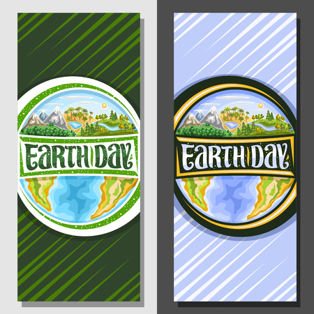 Vector vertical banners for Earth Day, voucher with 3 hills of mountains land, oasis with lake, forest with river, original brush typeface for words earth day, abstract continents and cartoon ocean.のイラスト素材