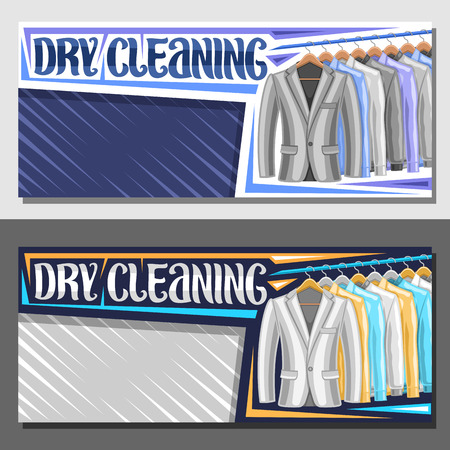 Vector banners for Dry Cleaning with copy space, blue leaflet with illustration of blazers and colorful shirts hanging on hanger, brush typeface for words dry cleaning on gray abstract background.のイラスト素材