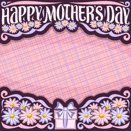 Vector layout for Mother's Day with copy space, dark headline with blue and pink flowers and original brush typeface for wishes words happy mothers day, box present tied bow on bloom floral backgroundのイラスト素材