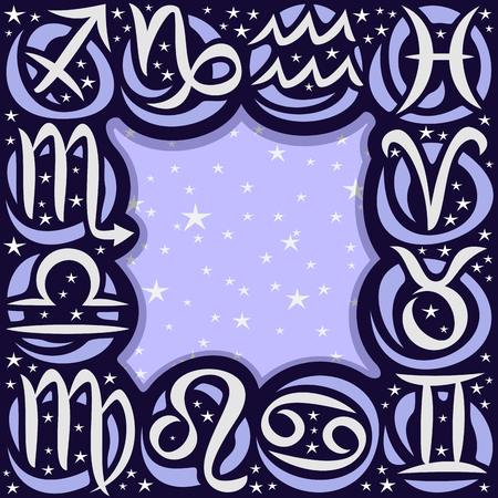 Vector frame for Astrology, dark border with twelve zodiac signs and pastel blue background for writing horoscope, placard with collection of 12 astrology symbols and copy space with night sky stars.のイラスト素材