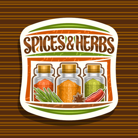 Vector logo for Spices and Herbs, white badge with illustration of set indian fresh seasonings in glass boxes, signage with original brush typeface for words spices & herbs on striped background.のイラスト素材