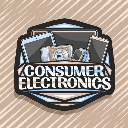 Vector for Consumer Electronics, black decorative badge with illustration of set brown electronic items, signboard with original lettering for words consumer electronics on abstract background.のイラスト素材