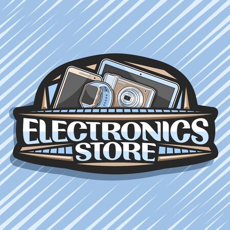 Vector  for Electronics Store, black decorative price tag with illustration of set modern electronic products, sign board with original typeface for words electronics store on abstract background.のイラスト素材