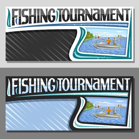 Vector layouts for Fishing Tournament with copy space, decorative sign board with illustration of standing males in motorboats near coast with forest, original typeface for words fishing tournament.のイラスト素材