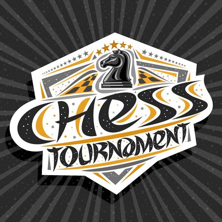 Vector for Chess Tournament, modern signage with knight piece on chessboard, original brush typeface for words chess tournament, sports shield with stars in a row on grey abstract background.のイラスト素材