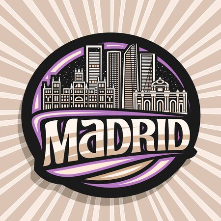 Madrid, black circle tag with draw illustration of famous madrid landmarks at evening, decorative fridge magnet with original brush typeface for word madrid on abstract background.のイラスト素材