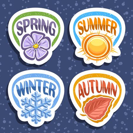Vector set for Four Seasons, 4 cut out decorative seasonal badges with words, summer with warm sunshine sun, winter with blue snow flake, spring with lilac sharon bloom, autumn season with orange leafのイラスト素材