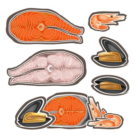 Vector Set of Fresh Seafood, collection of cut out illustrations of pieces assorted steamed fish, boiled shrimps and group of open mussels, Mediterranean set of fresh diet seafood on white background.のイラスト素材