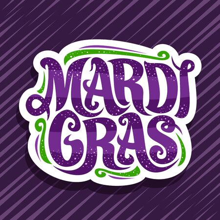 Mardi Gras carnival, cut paper badge with design flourishes and curly calligraphic font, decorative signage with original brush type for words mardi gras on purple striped background.のイラスト素材