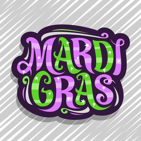 Mardi Gras carnival, dark badge with design flourishes and curly calligraphic font, decorative art signage with original brush type for words mardi gras on abstract striped background.のイラスト素材