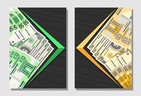 Vector set of Covers for Currency Exchange with copy space, decorative banners with cartoon paper banknotes of dollar usa, 100 european euro on gray abstract backdrop for text.のイラスト素材