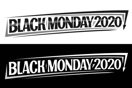 Vector concept for Black Monday 2020, horizontal templates with black and white typography and down arrow for financial header, brush letters for words black monday 2020, phrase for financial crisis.のイラスト素材