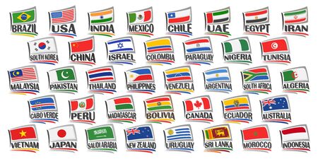 Vector set of American and Asian Countries Flags, 38 isolated labels with national state flags and brush font for different words on white background, decorative tourist stickers for independence day.のイラスト素材