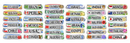 Vector set of American and Asian Countries with flags and symbols, 38 isolated horizontal labels with national state flags and brush font for different words, decorative stickers for independence day.のイラスト素材