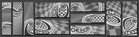 Vector set of Chess Banners, vertical and horizontal decorative art templates for chess events with illustration of curved chessboard and flying on curve trajectory chess crown on abstract background.のイラスト素材