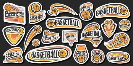 Vector Set for Basketball, lot collection of 20 cut out illustrations of decorative basketball signs, group of many various sports  with unique letters for word basketball on dark background.のイラスト素材